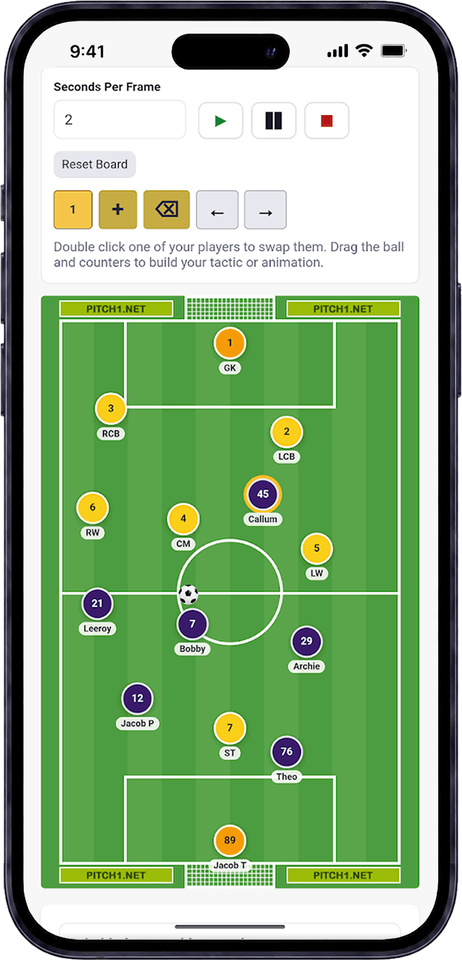 Animated football tactics board for grassroots and junior football coaches
