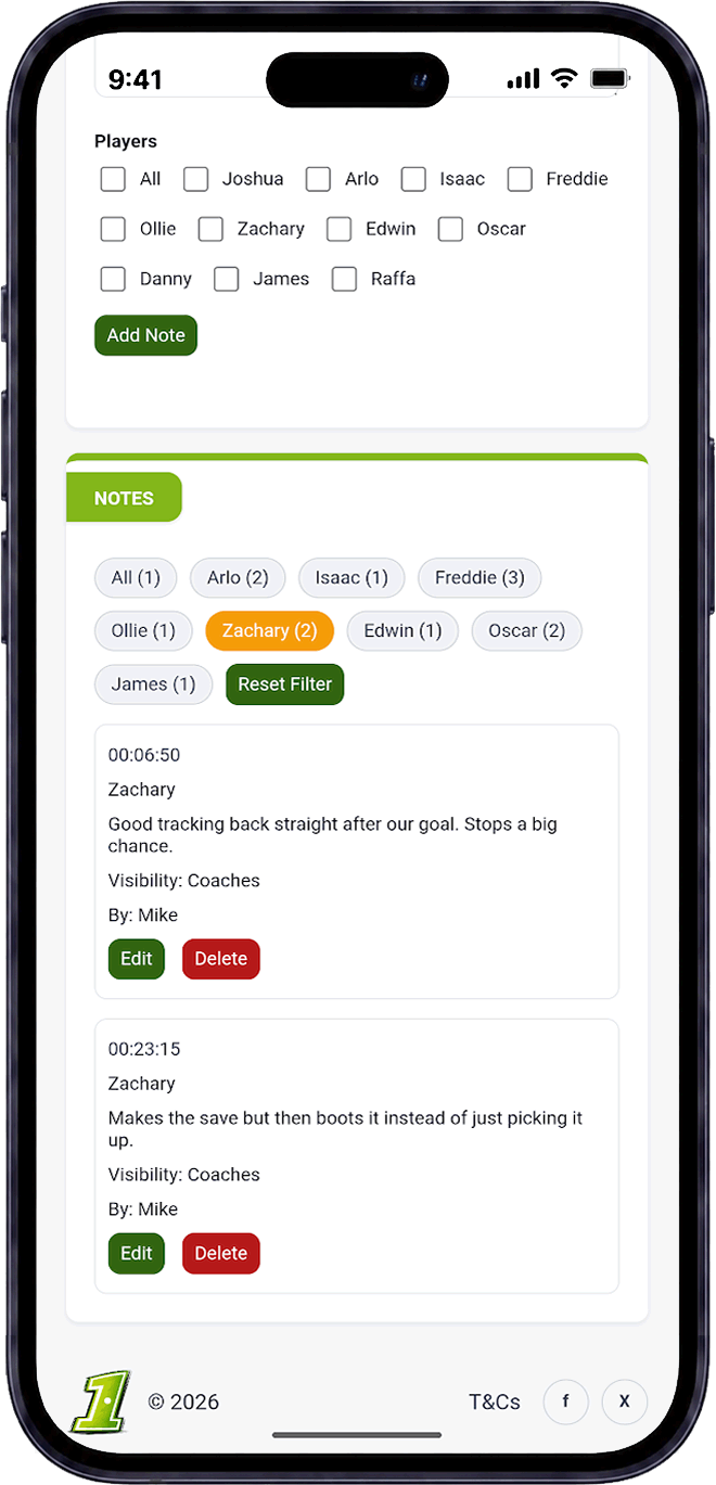 Junior football video notes and coaching analysis tools