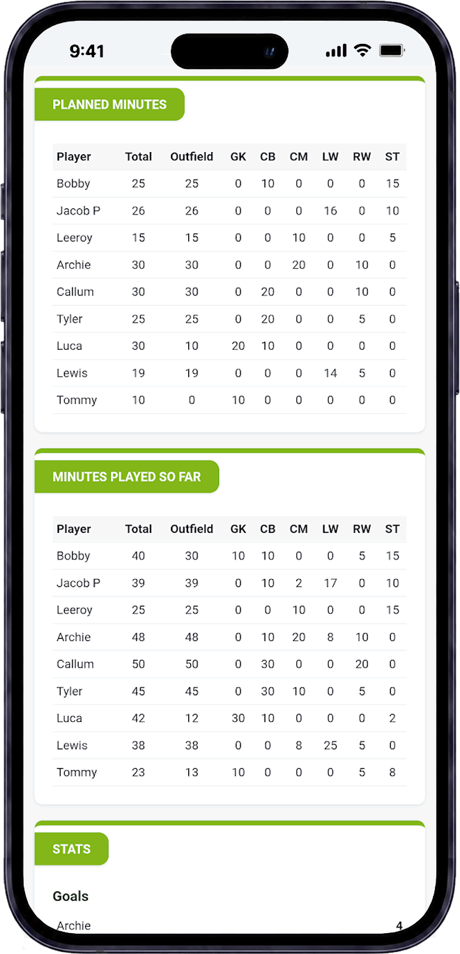 Football gala player minutes tracker
