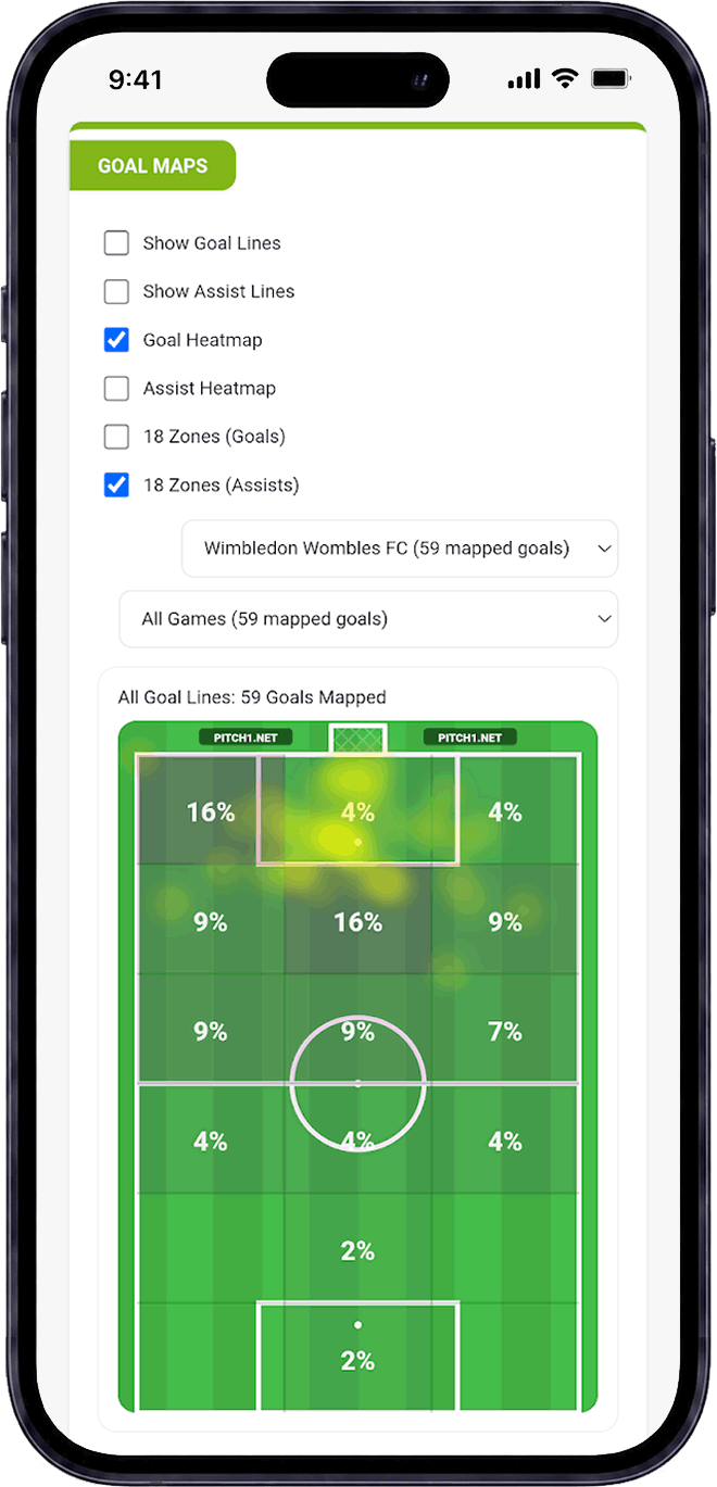Pitch1 / Pitch 1 grassroots and junior football goal mapping stats app screen