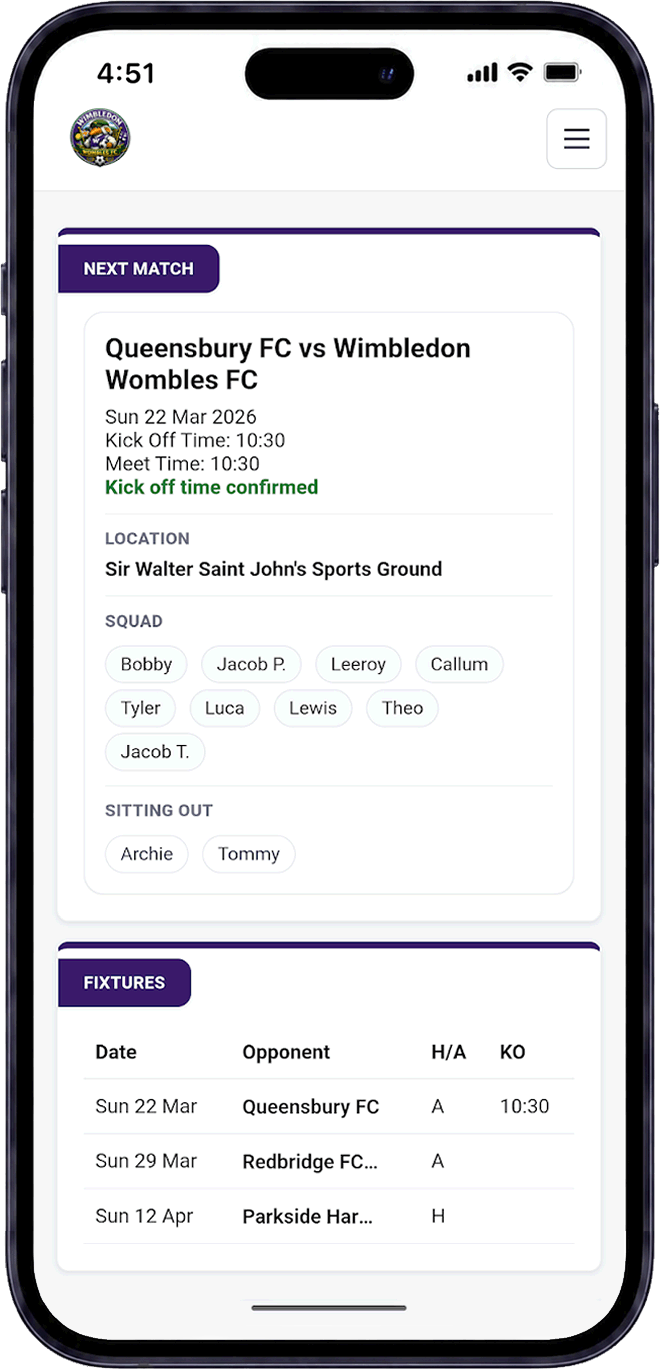 Pitch1 / Pitch 1 grassroots football fixtures and squad management app screen