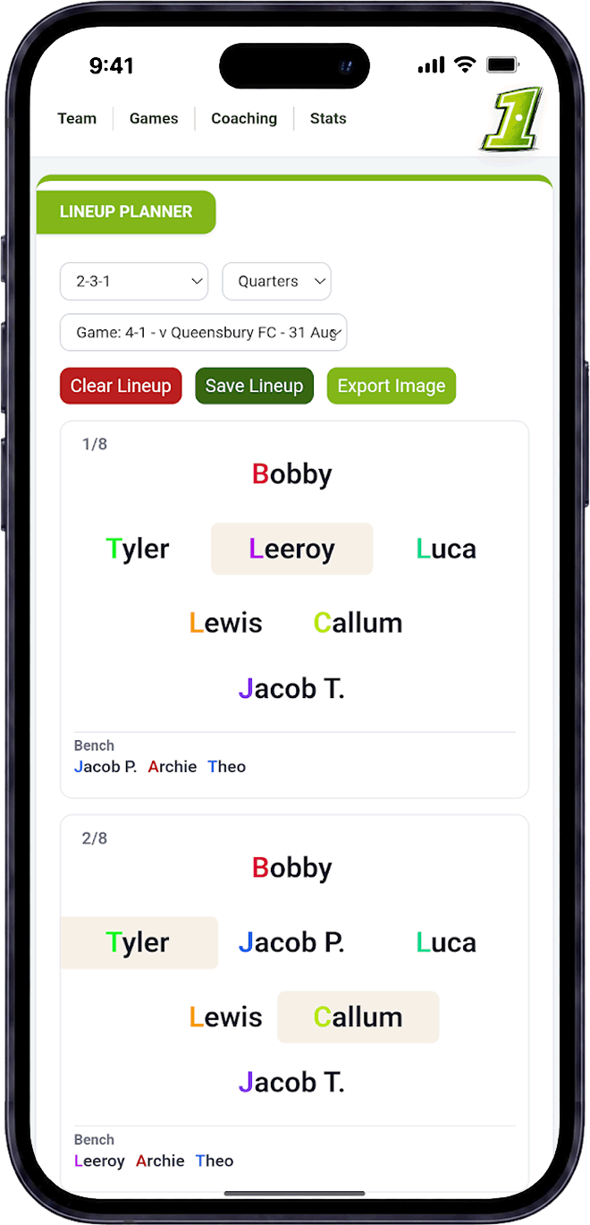Junior football lineup planner and minutes tracker
