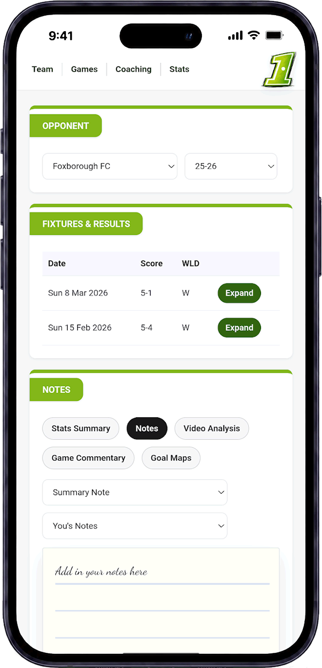 Opponent match reports and profile pages in Pitch1