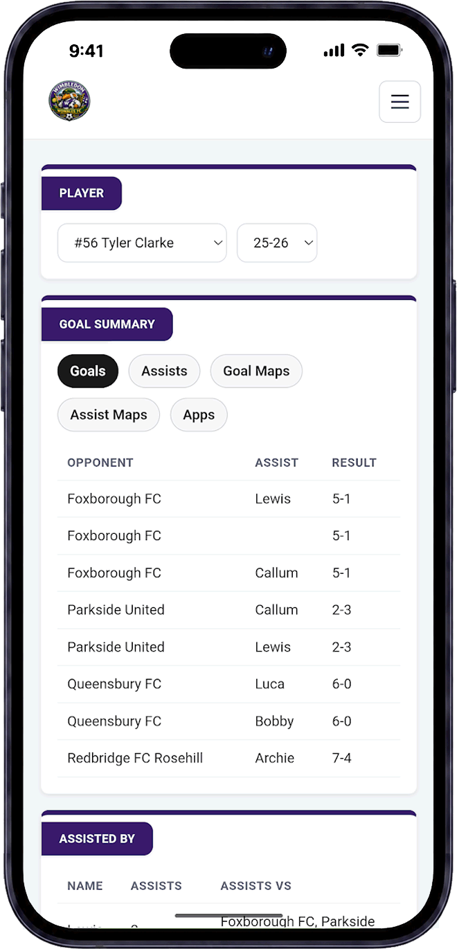 Junior football player profile and development tracking app