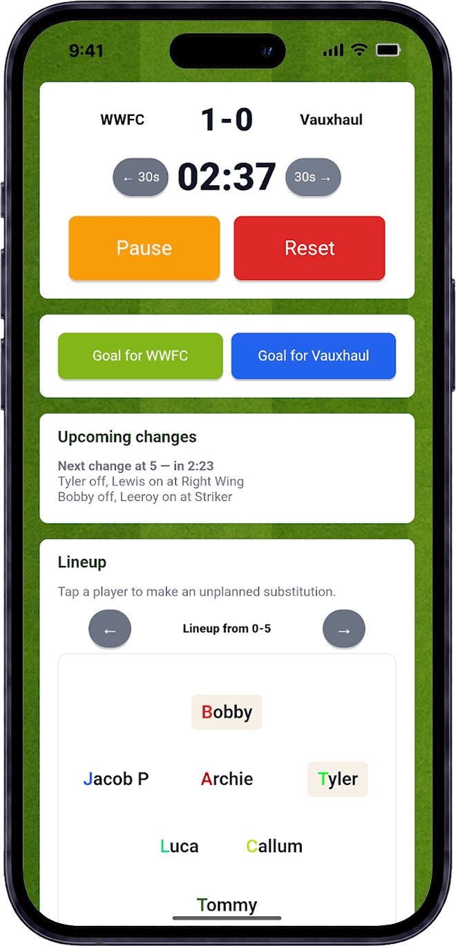 Live matchday app for junior football and youth soccer teams