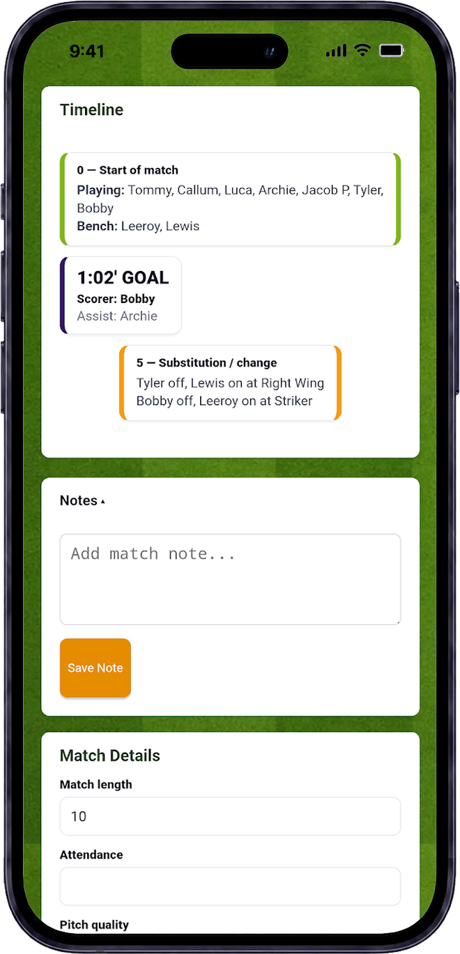 Junior football live matchday console for coaches