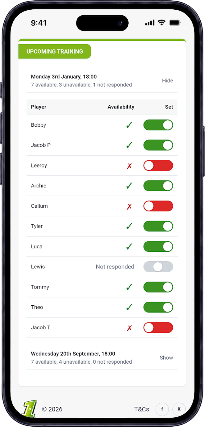 Soccer and junior football team availability planner in Pitch1 / Pitch 1