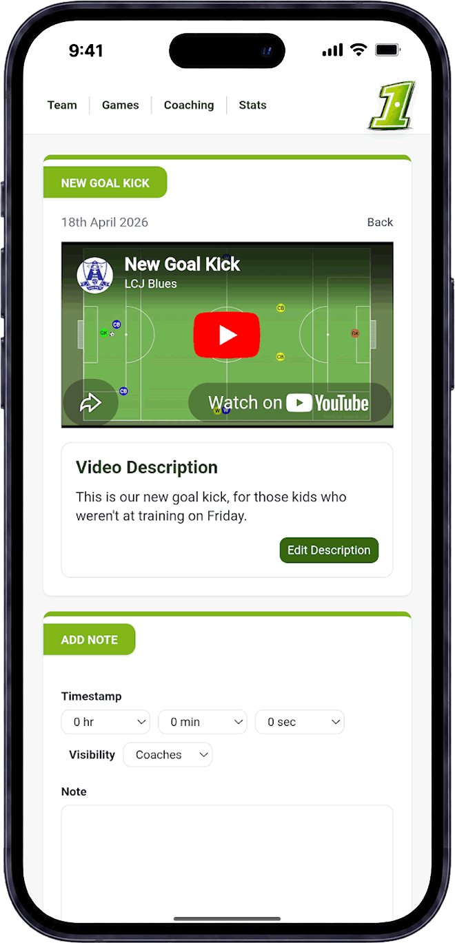 Football video coaching notes and player feedback for junior football teams
